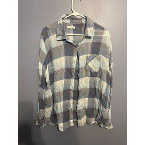 Women’s Beach Lunch Lounge Plaid LongSleeve‎ Lightweight Airy Button Up Shirt LG
